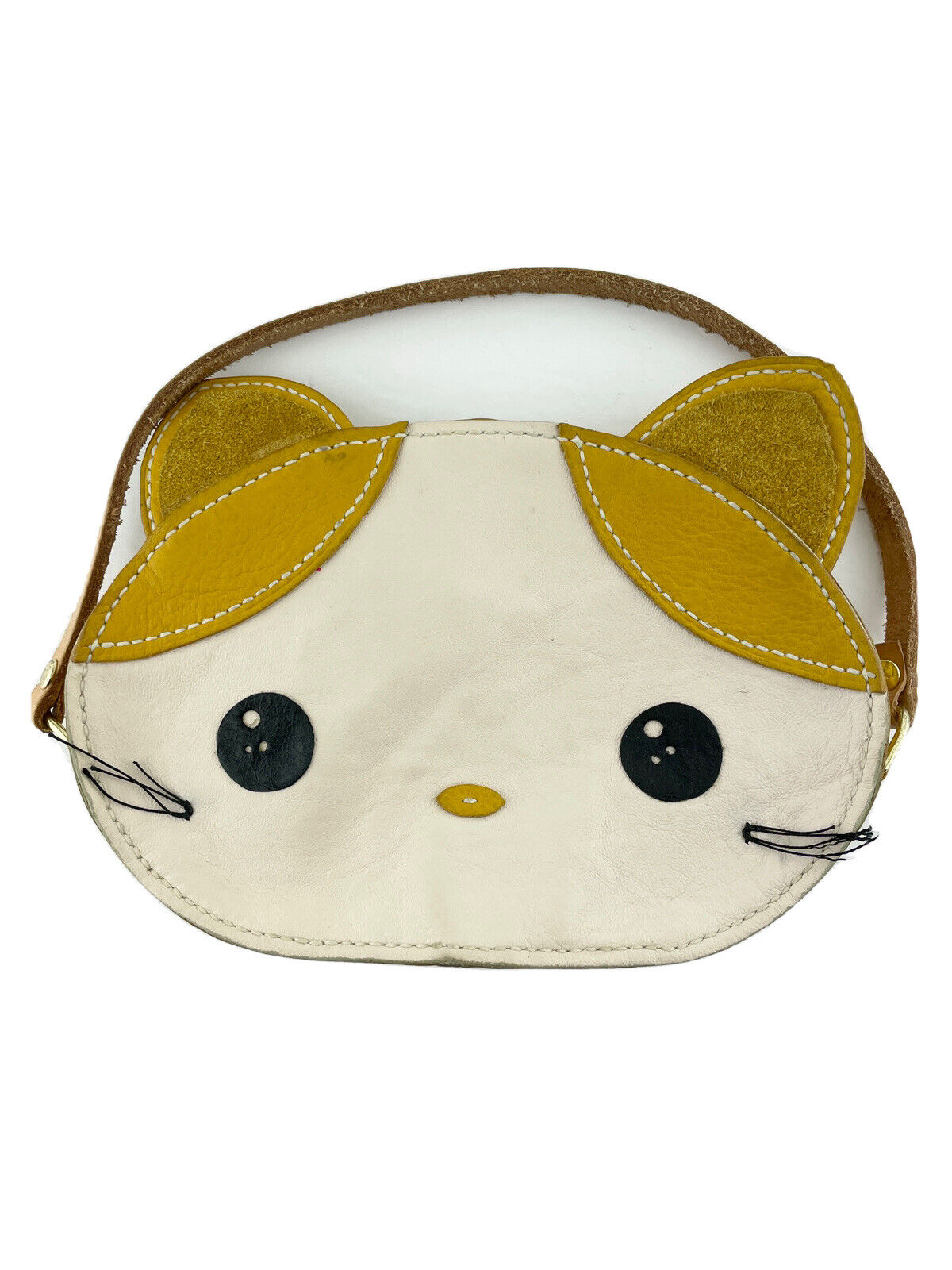 Cute Anime Kitty Cat Face Shaped Purse Cream With Yellow Ears And Nose Cos-play