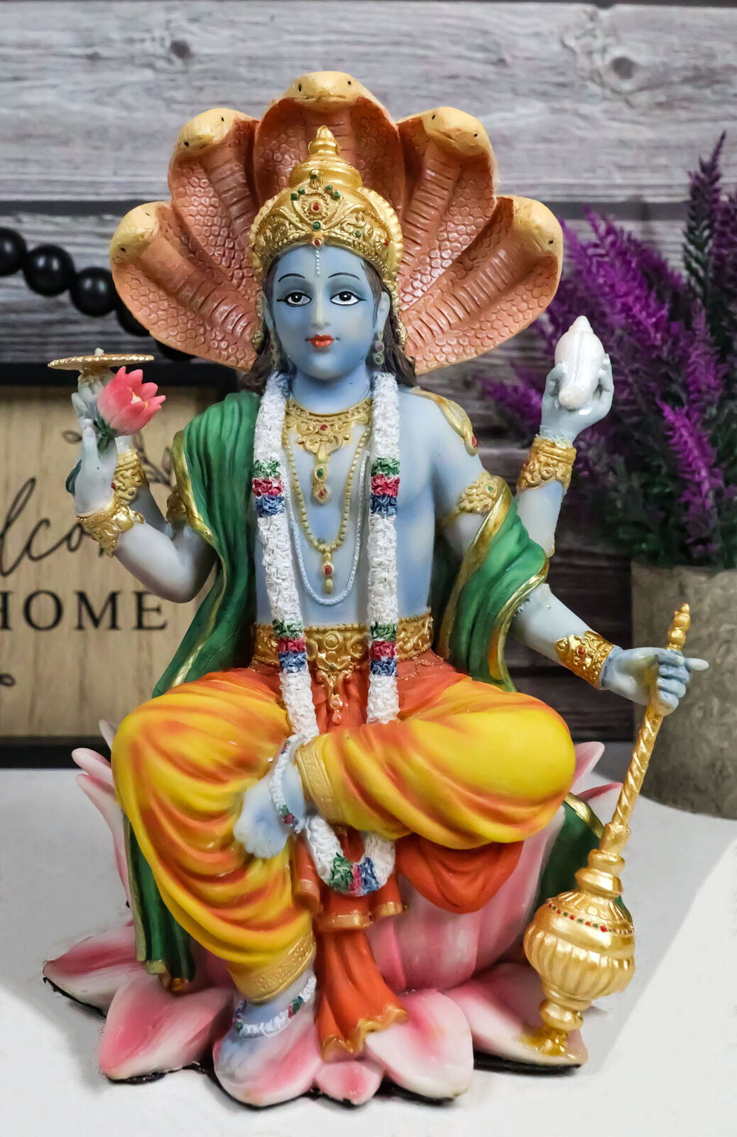 Hindu God Vishnu Vasudeva Sitting On Throne Of Cobras Statue Preserver Protector