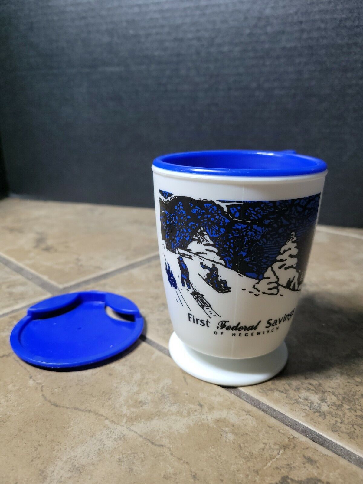 Vtg 1st Federal Savings Of Hegewisch Plastic Coffee Cup Mug W/ Coaster & Lid
