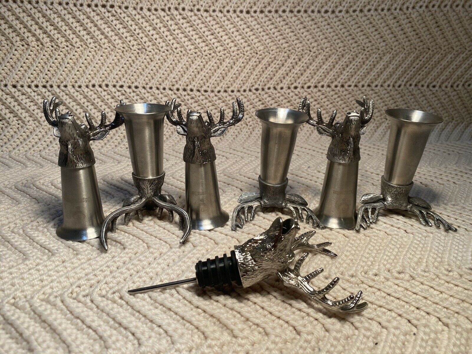 Lot Of 6 Jagermeister Pewter Metal Deer Elk Shot Glasses + Liquor Pourer