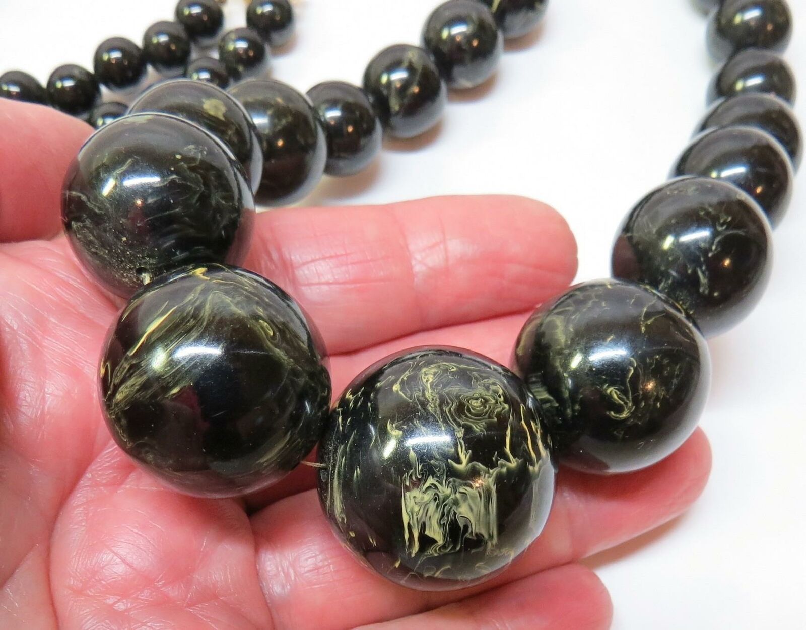 Vintage 36" Bakelite Black & Yellow Swirl Necklace - Big Beads! - Tested