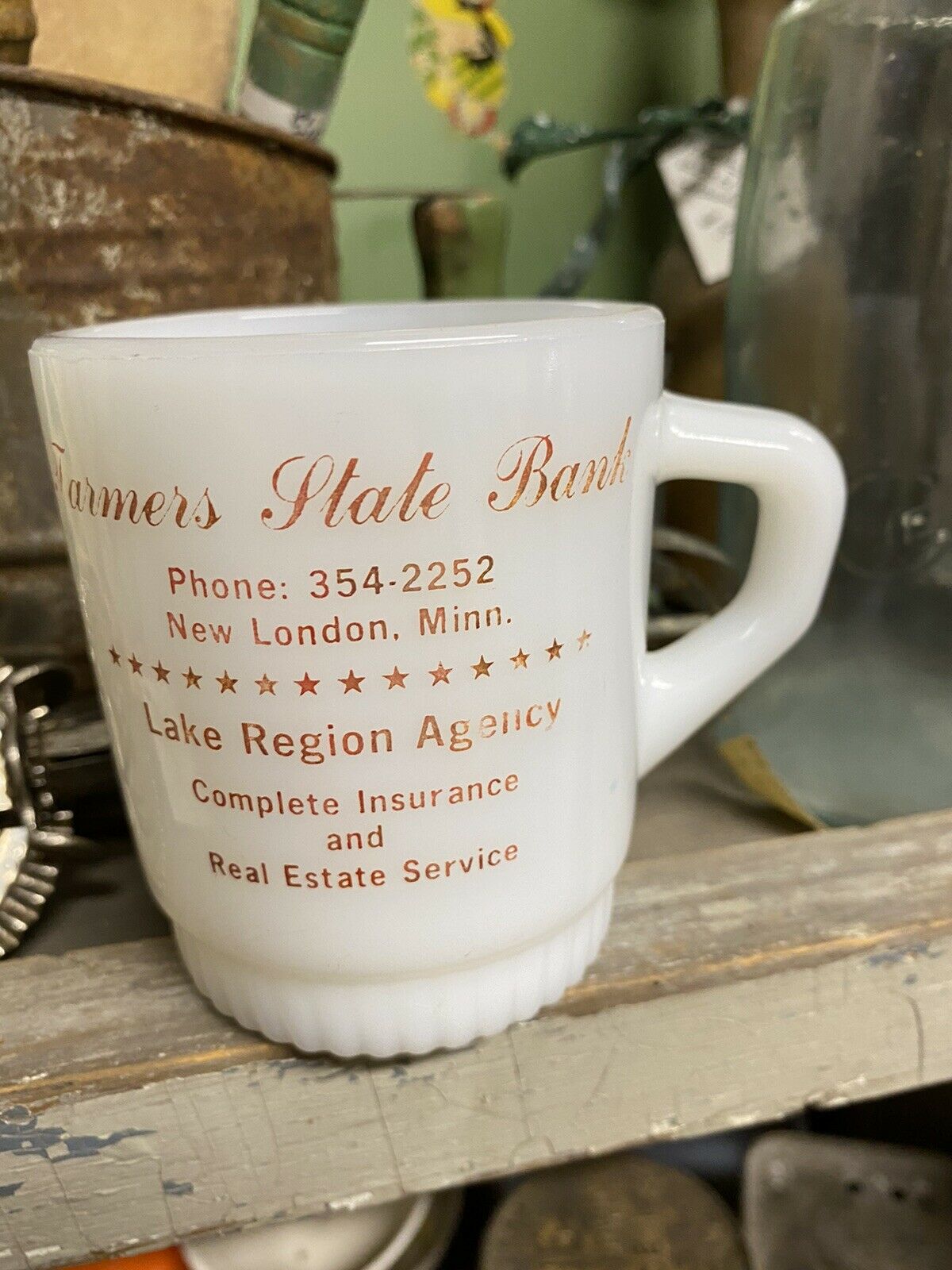 Vintage Fire King Mug Cup, Farmers State Bank, Lake Region New London, Minnesota