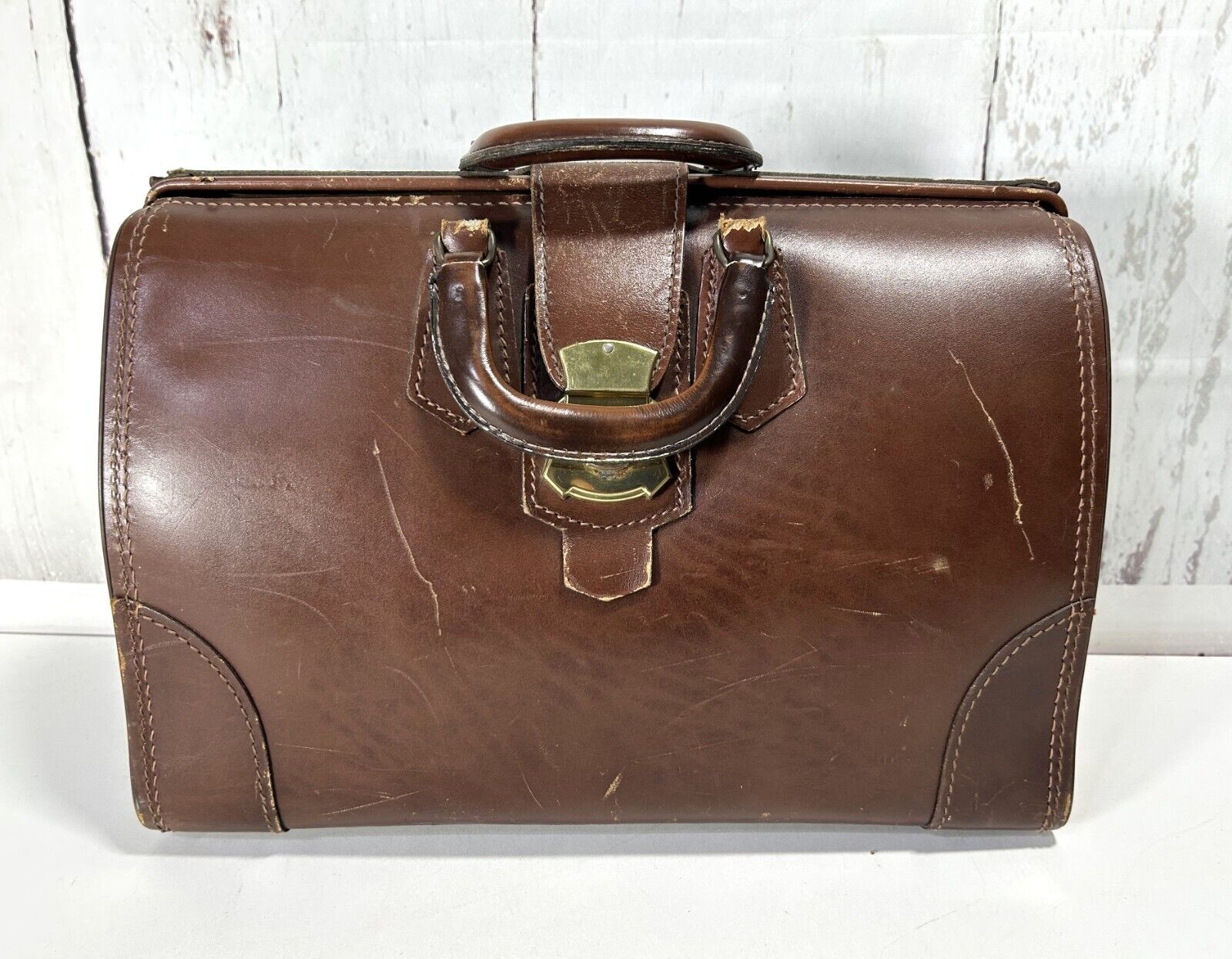 Antique Doctor's Large Brown Leather Medical Vintage Bag 16"x12"x7.5"