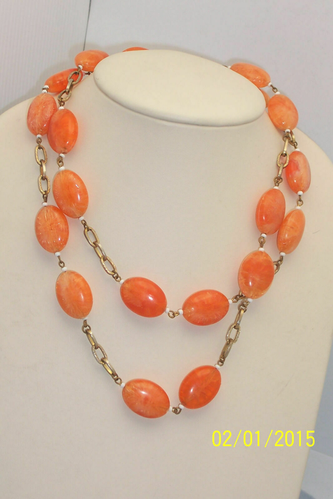 Vintage 40" Orange Crackle Plastic Oval Bead Lariat Length Mod Hippy Necklace