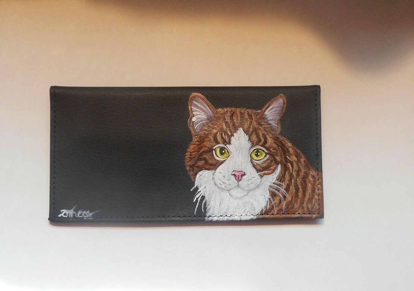Orange Red Ginger Tabby Cat Checkbook Cover Hand Painted Vegan Leather