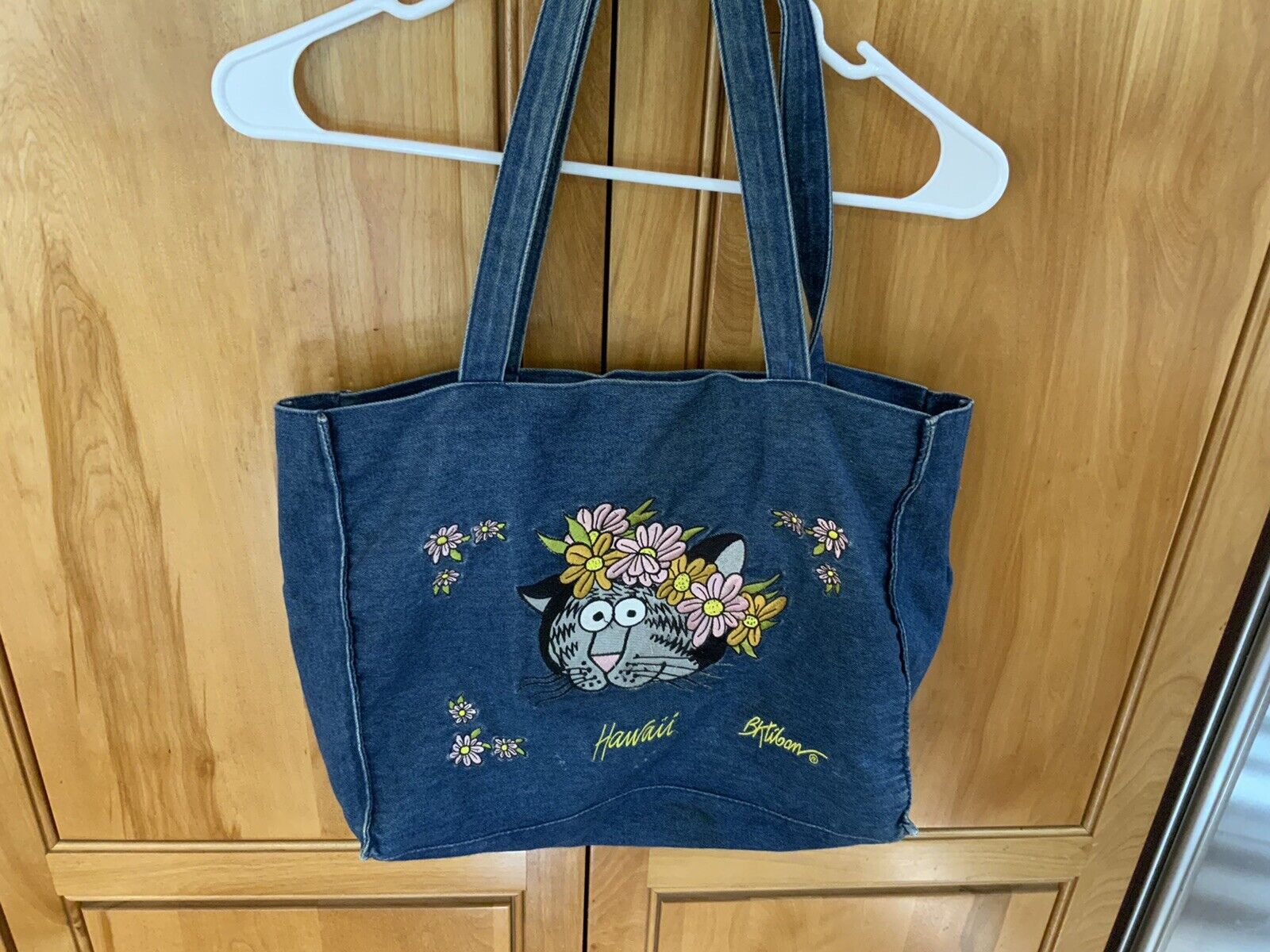 Vintage B. Kliban Embroidered Cat Hawaii Denim Tote Bag