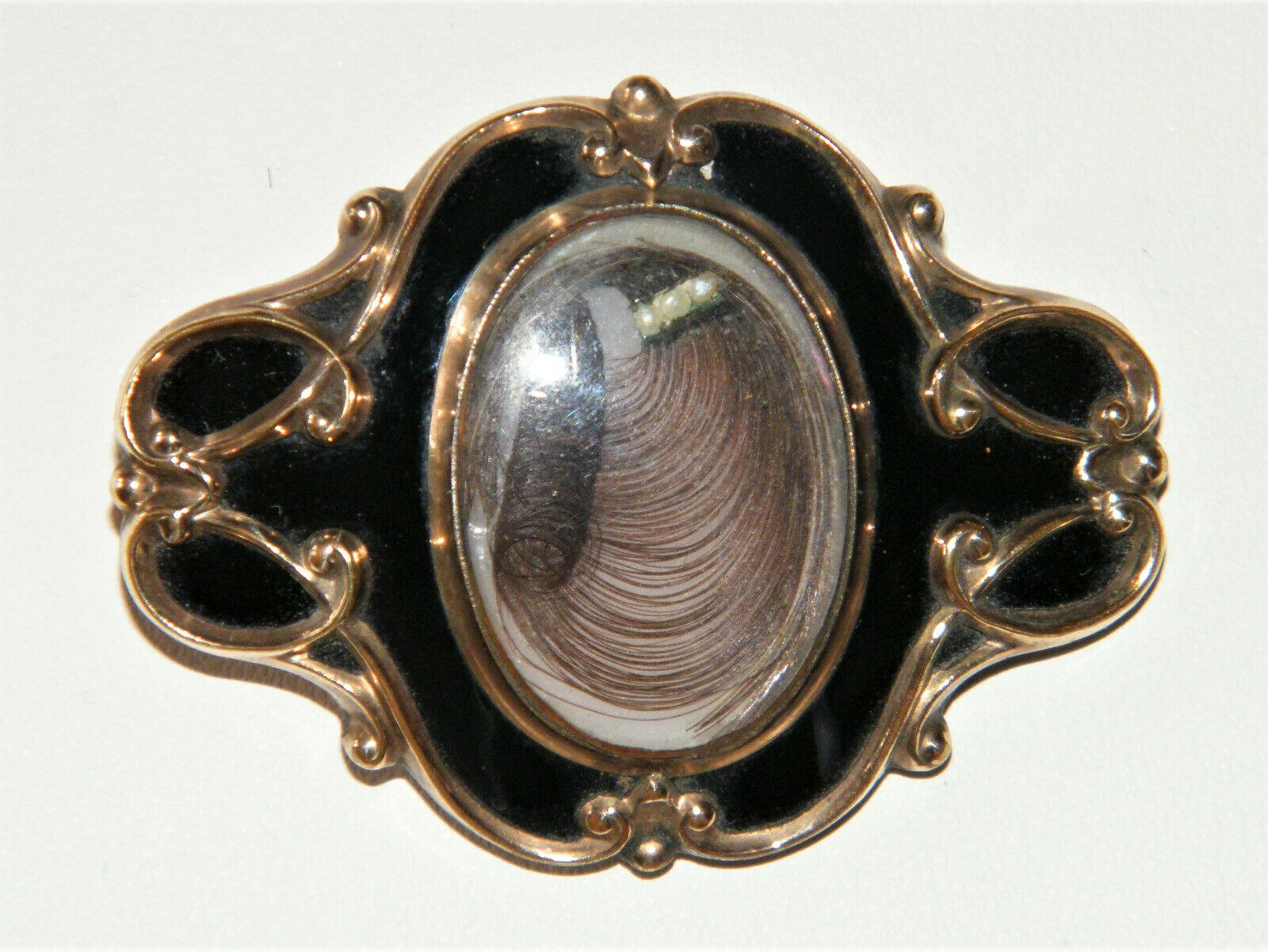 Antique Victorian Mourning Brooch W/ Hair Black Enamel Vs Jet~seed Pearls~curl