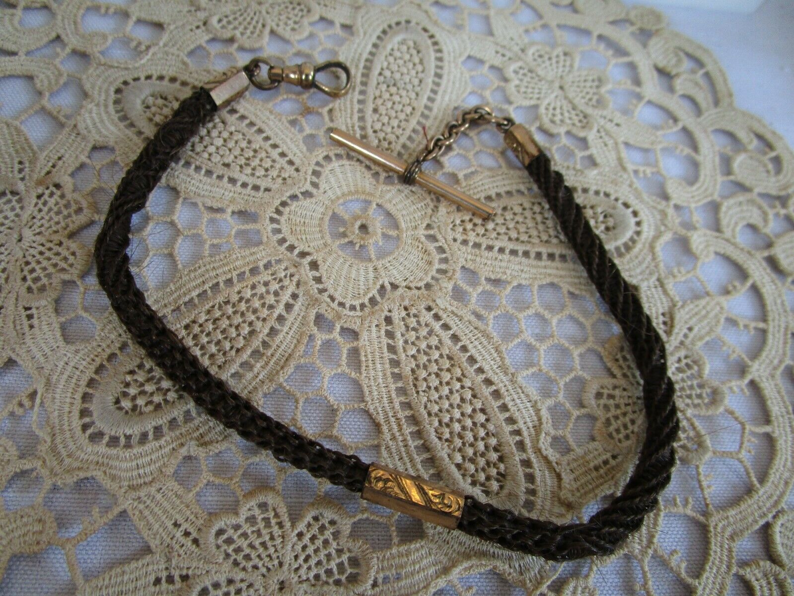 Victorian Hair Mourning Woven 14" Watch Chain Engraved Finding Gold Plate