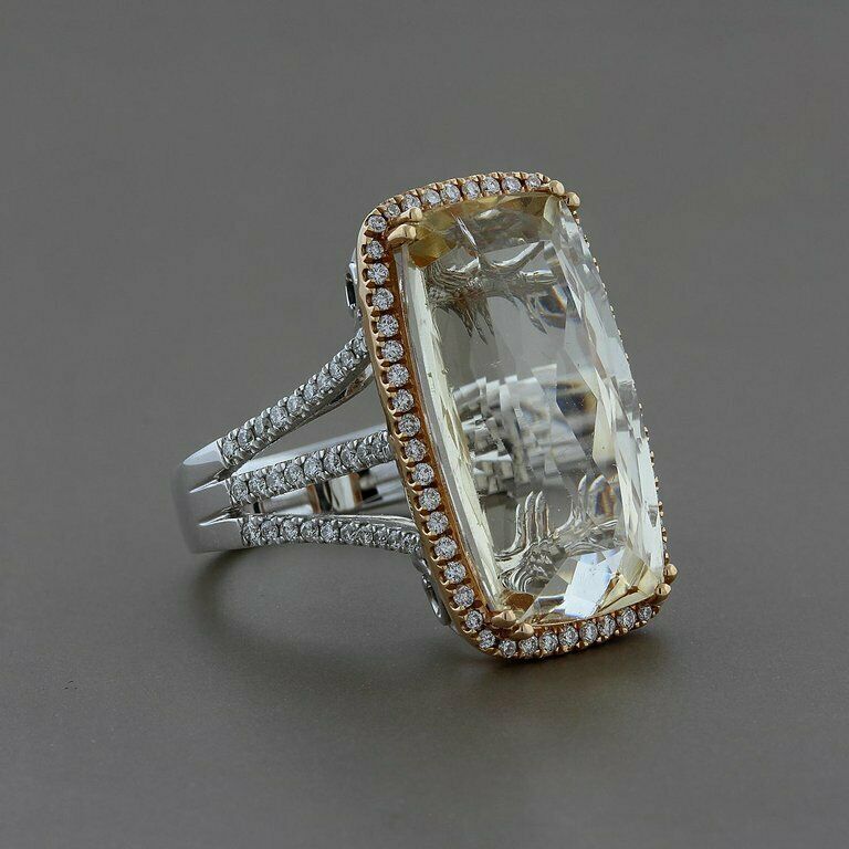 Imperial Light Yellow 26.00ct Topaz & 1.00ct White Diamond 925 Silver Women Ring