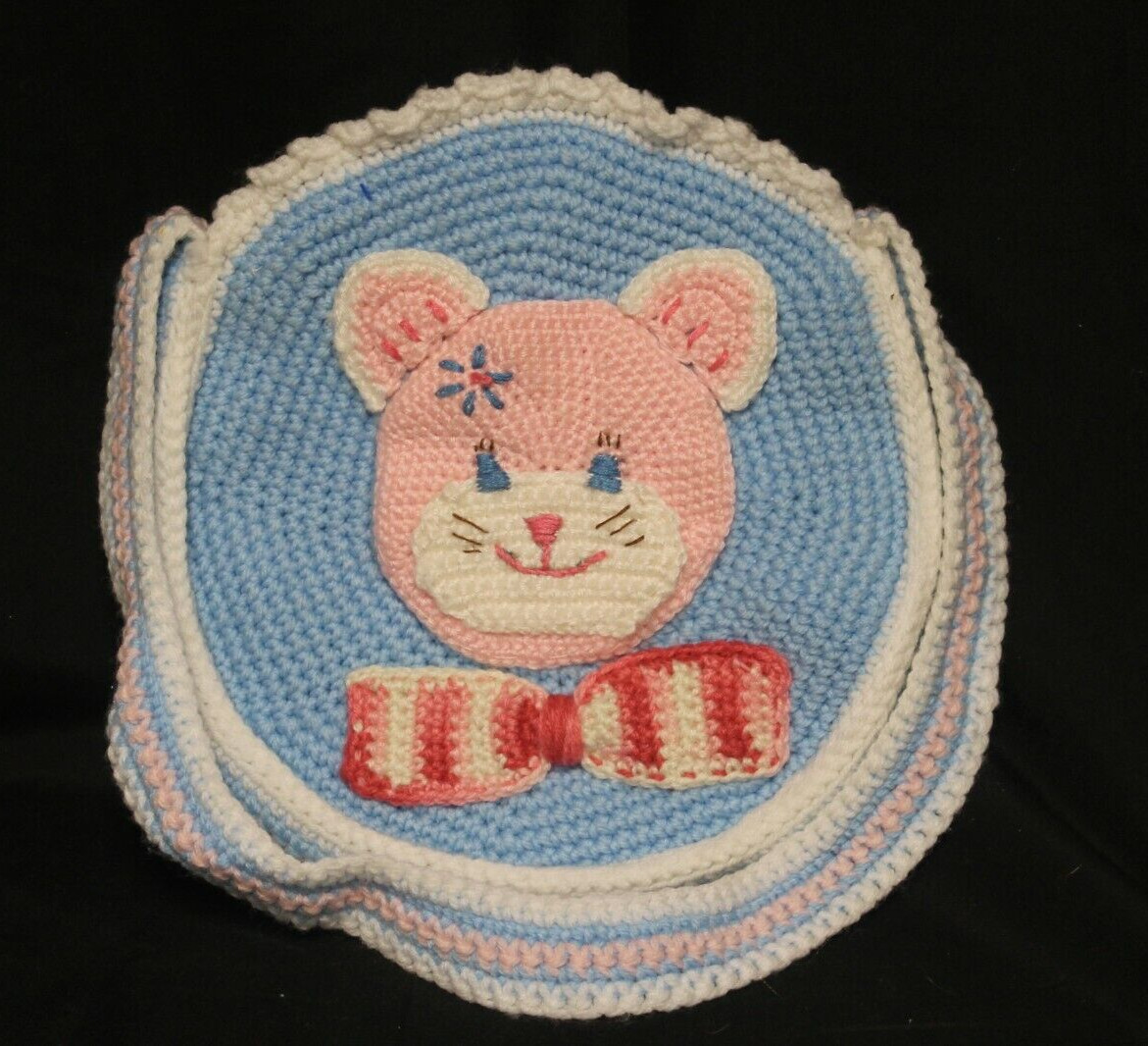 Blue Knitted/crochet Round Shoulder Bag Pink Kitty Kitten Cat Face Bow Lined