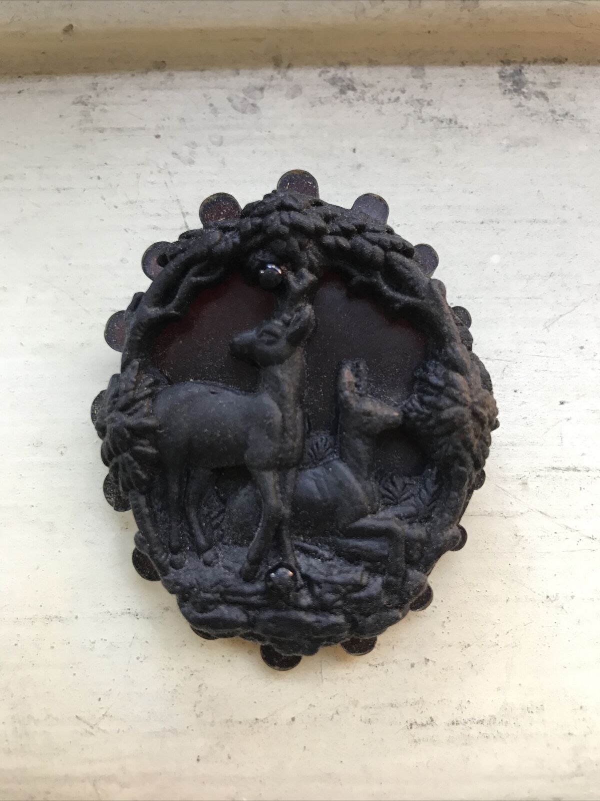 Antique Victorian Gutta Percha Brooch Pin,deer In Woods,mourning,all Original