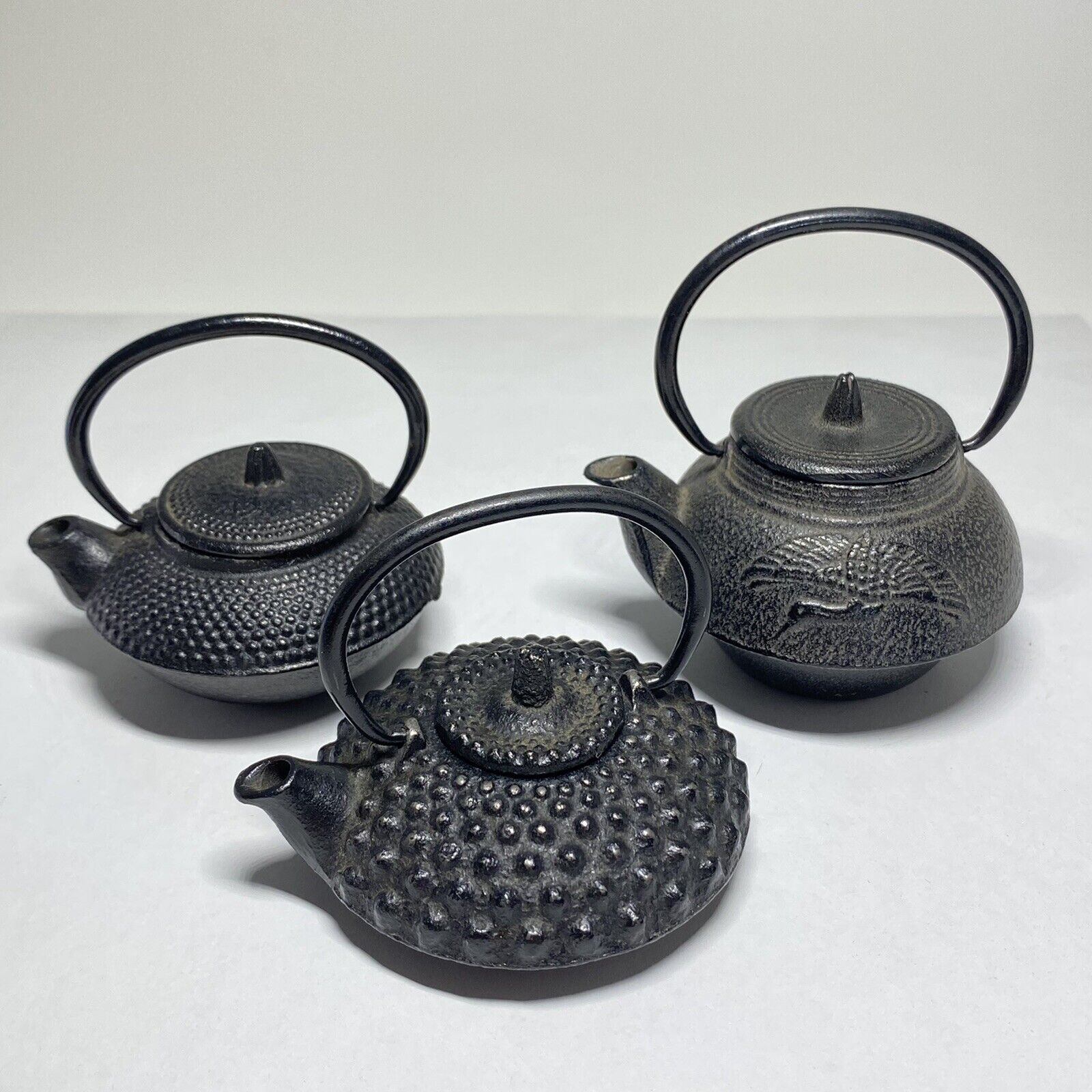 Miniature Cast Iron Teapots Kettles Tetsubin Style Black Made In Japan Lot Of 3