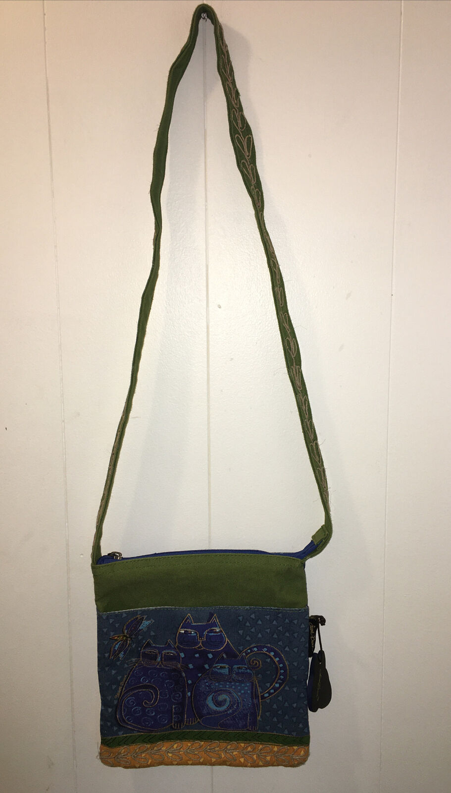 Laurel Burch Blue Green Cat Crossbody Bag Purse Wooden Charm Zip Vintage