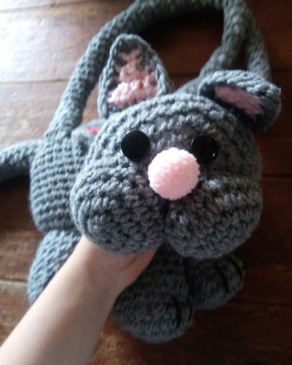 Handmade Large Crochet Gray Kitten Cat Play Purse Handbag Kitsch Cat Lady Cute