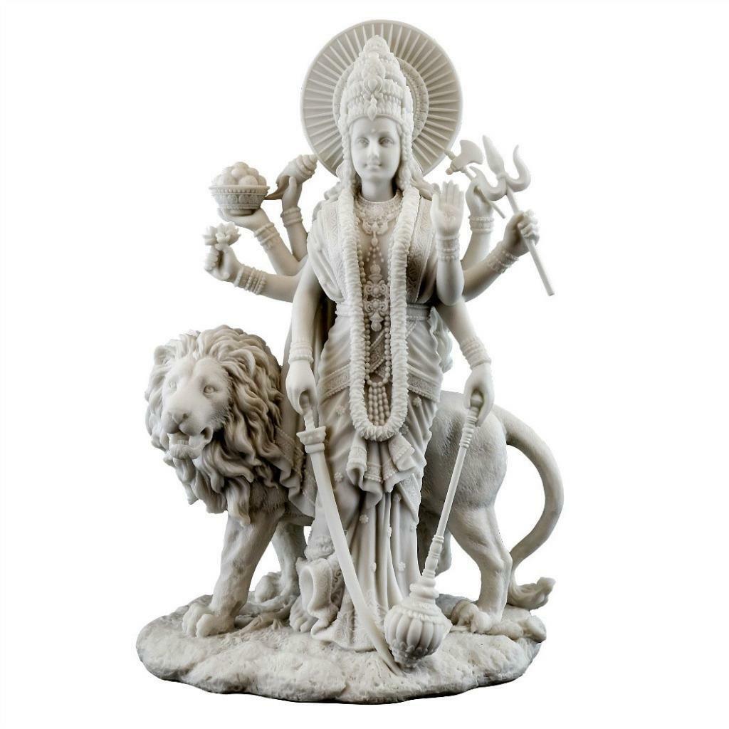 Durga Statue 11" Hindu Divine Mother Goddess Deity White Marble Finish Resin