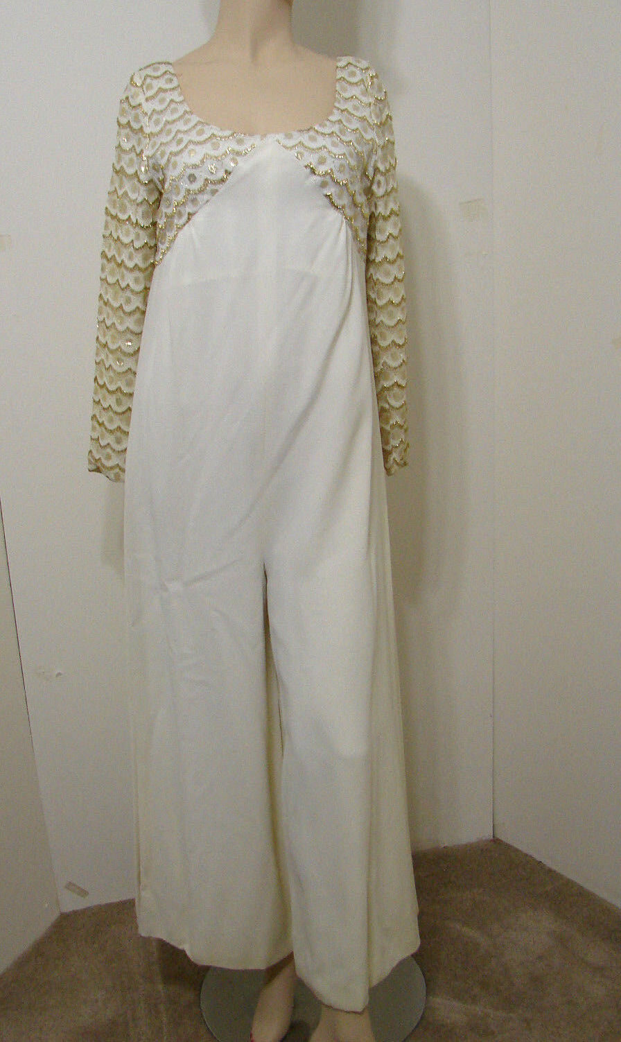 Vintage Jumpsuit White Gold Metallic Trim Palazzo Pant Silk Lined Scovill M
